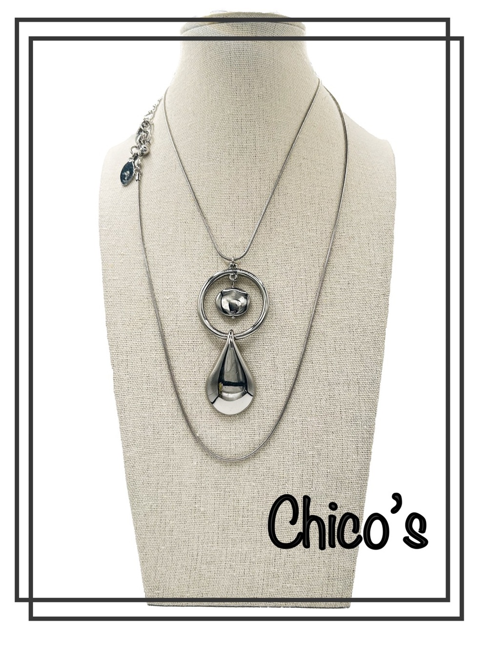 Chicos Silver Tone Convertible Pendant Necklace, 36” Long Snake Chain
